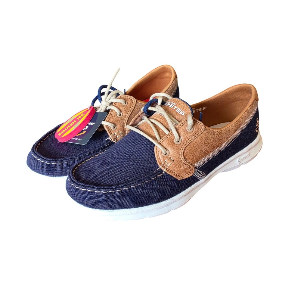 Skechers GoStep Seashore Goga Max Boat Shoes Navy Tan Womens 8 NWT Nautical